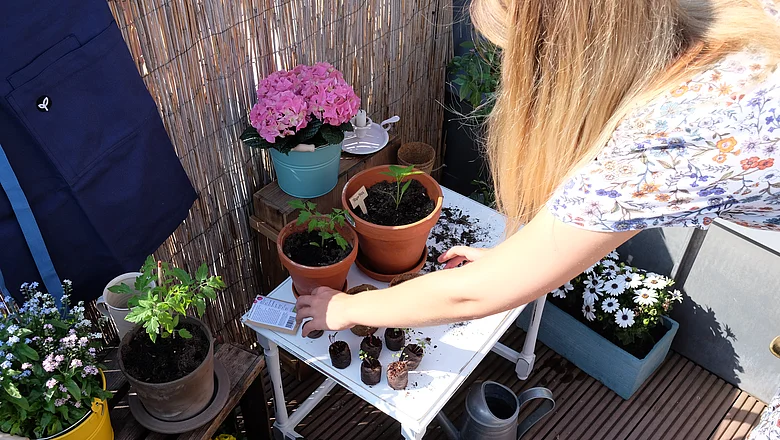 Balkongarten und junge Frau